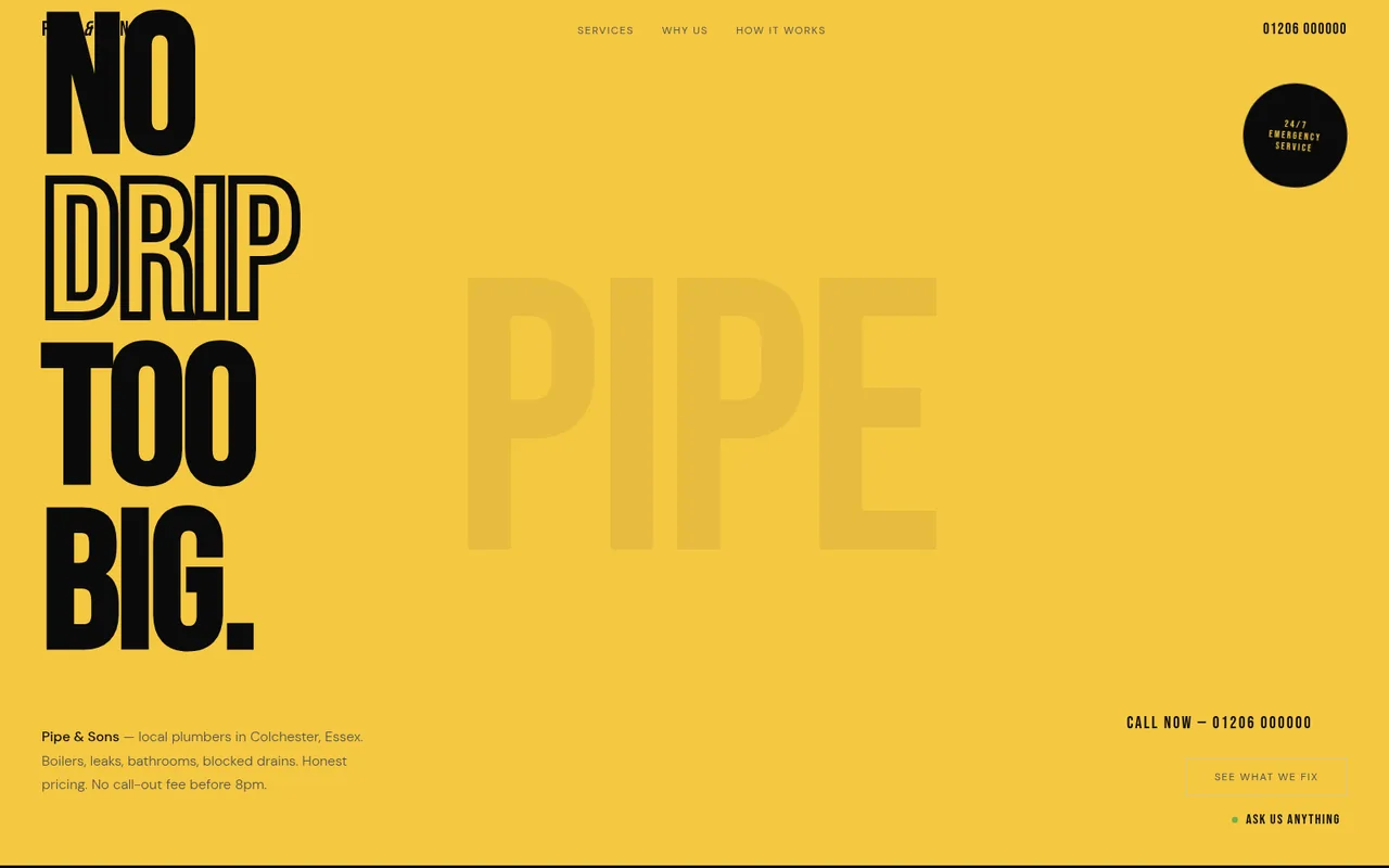Plumber website design for Pipe & Sons in Colchester, Essex — built by Myanna