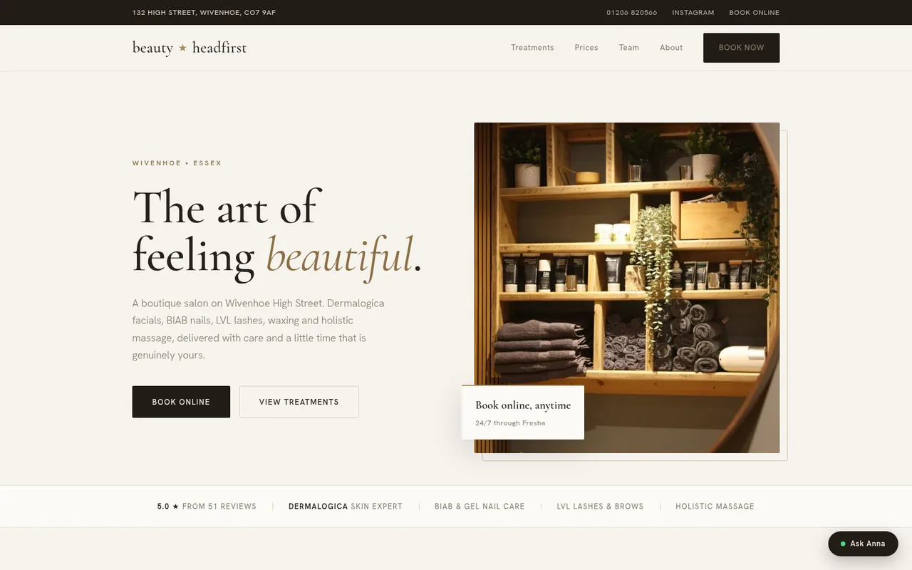 Beauty salon website built by Myanna for Beauty at Headfirst in Wivenhoe, Essex