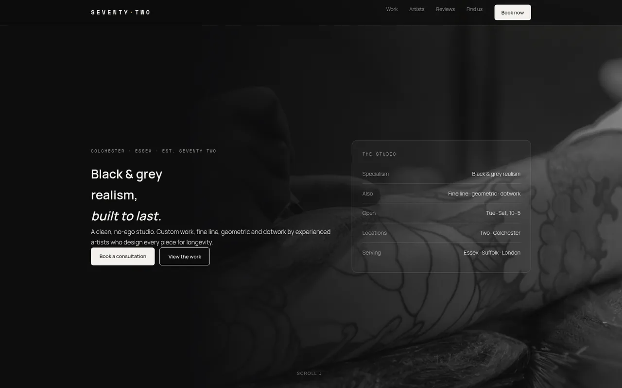 Tattoo studio website for Seventy Two Tattoo Studio, Colchester — built by Myanna
