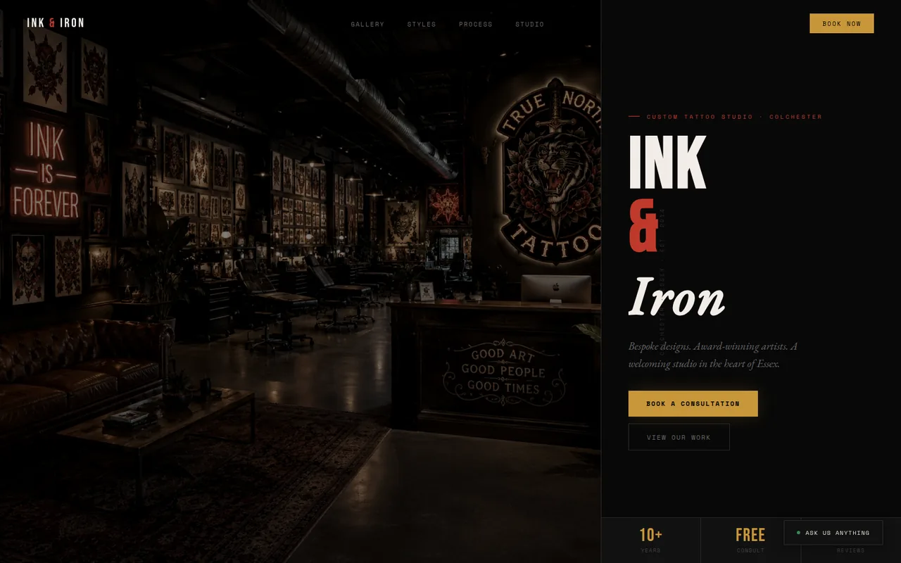 Tattoo studio website design for Ink & Iron — built by Myanna